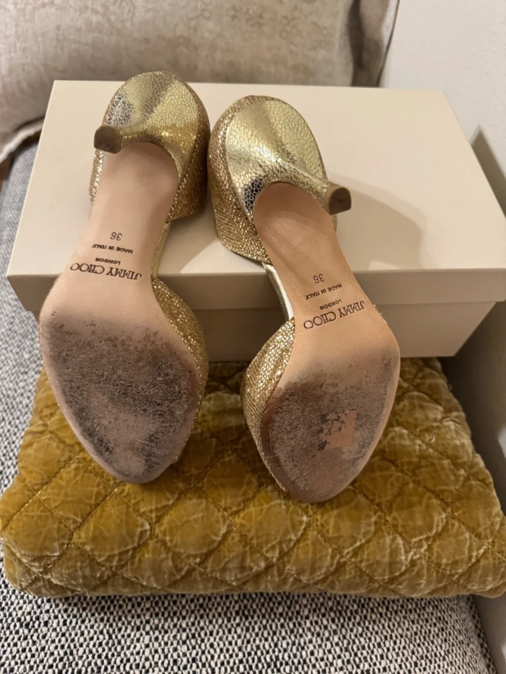 Jimmy Choo Gold Glitter Peep-Toe Heels - Picture 4 of 4